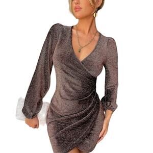 Shein Belle Surplice Neck Wrap Rouched Glitter‎ Bodycon Dress Size XSmall